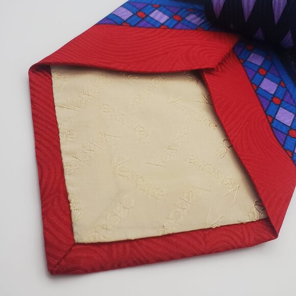VTG VERSACE Men's Silk Tie Mandala Emblem Design Geometric Pattern Red Blue - Picture 6 of 10
